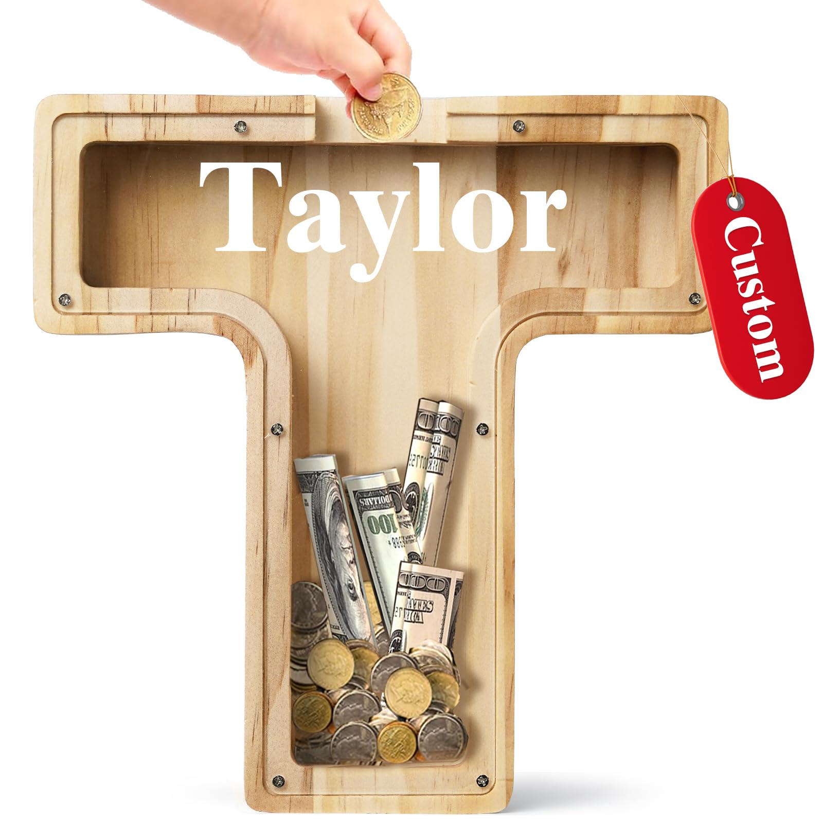 Bemaystar Personalised Letter Money-Box, Wooden Initial Piggy-Bank for Kids, Boys, Girls - Coin Bank, Gifts (T, 9" & 12")