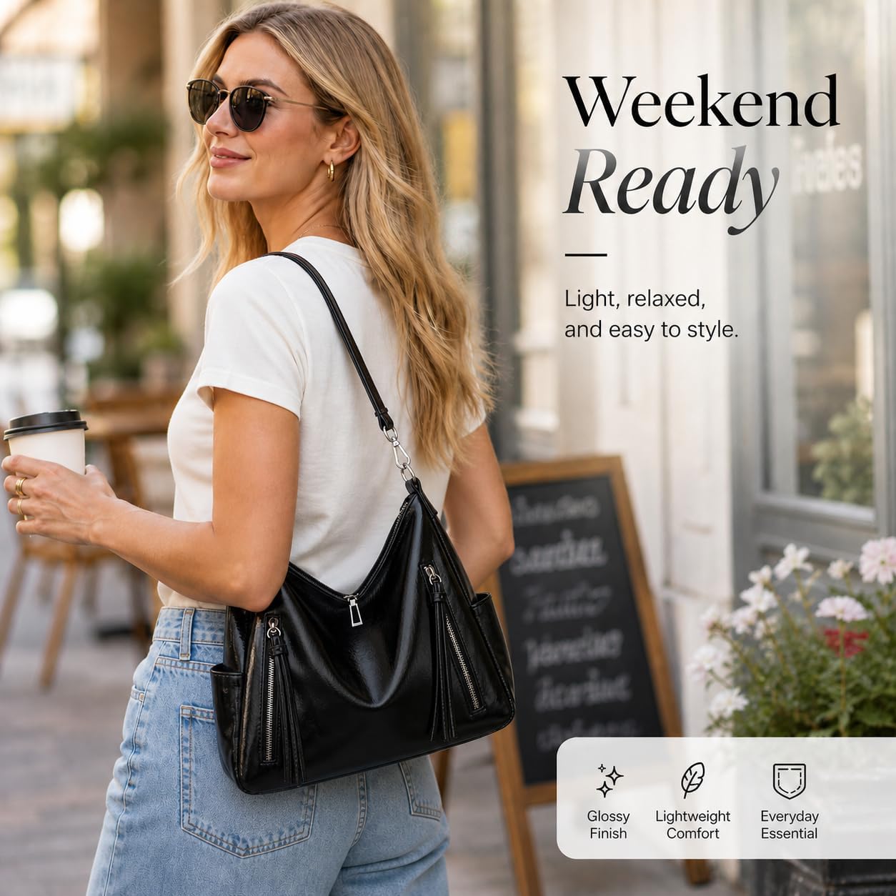 Hobo Handbag for Women Retro Glossy Vegan Leather Shoulder Bag Elegant Purse with Zippers for Work Travel Daily Use