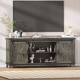 IDEALHOUSE 66" Farmhouse Home TV Stand for Up to 75" Television, Entertainment Center with Storage & Adjustable Shelf, Media TV Console Table with Sliding Barn Doors for Living Room, Oak