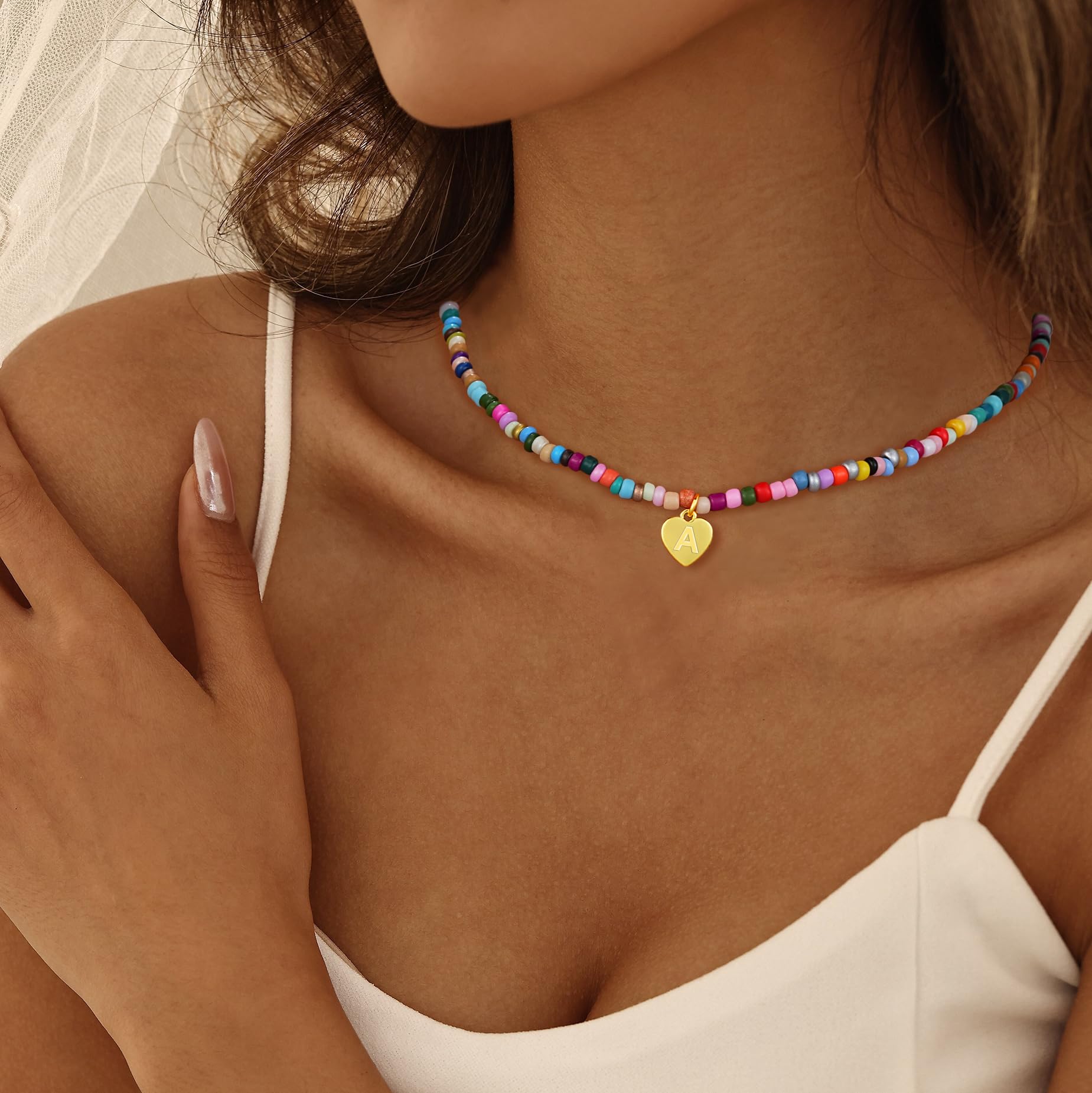 Esmoly Colorate Perle Collana Donna con Lettera A-Z Argento/18K Oro Regalo Compleanno Donna Ragazza 14+2 Inches