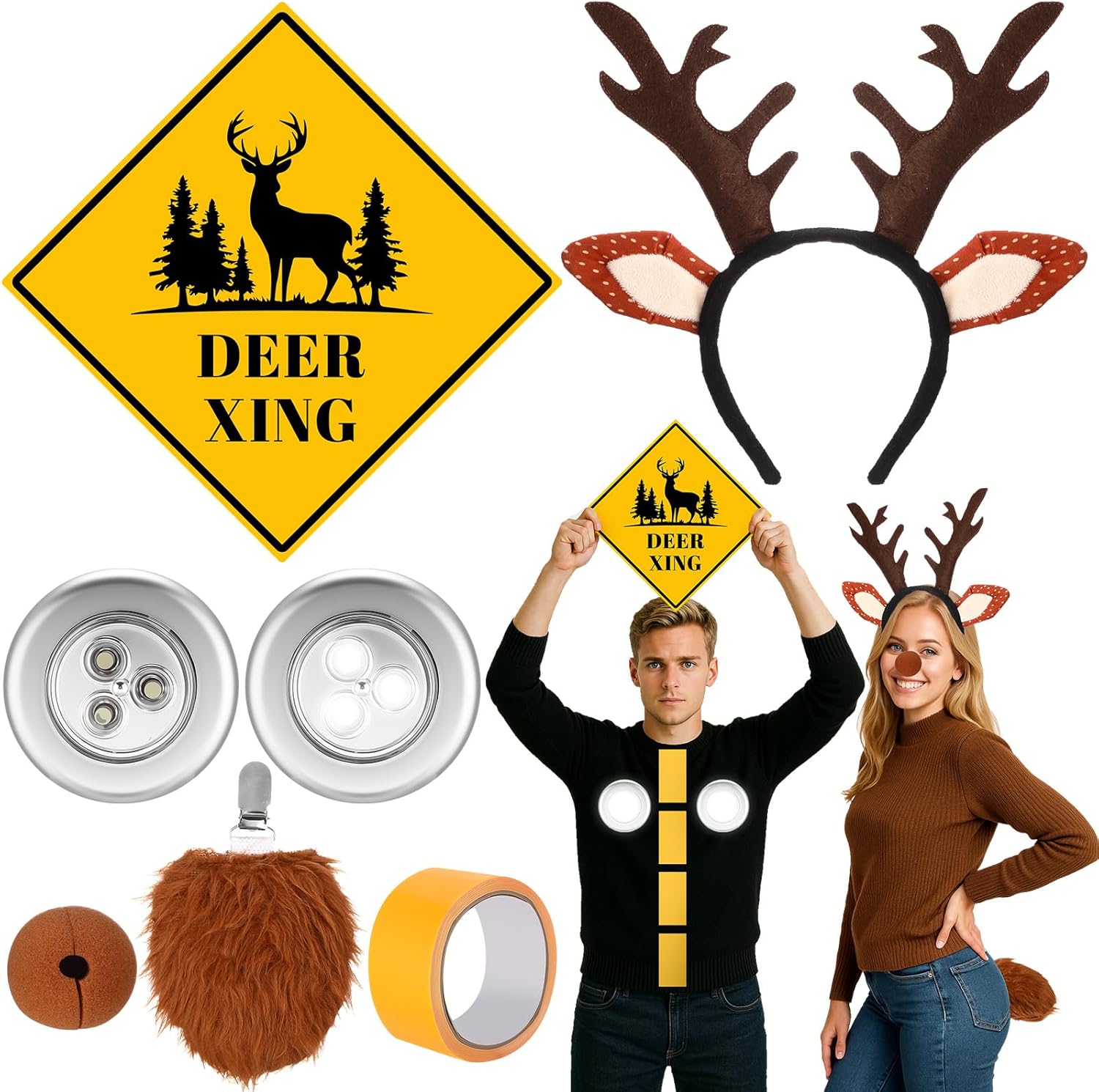 7 Pcs Halloween Deer Costume Deer in Headlights Couples Costume Adults Halloween Christmas Cosplay Men Women