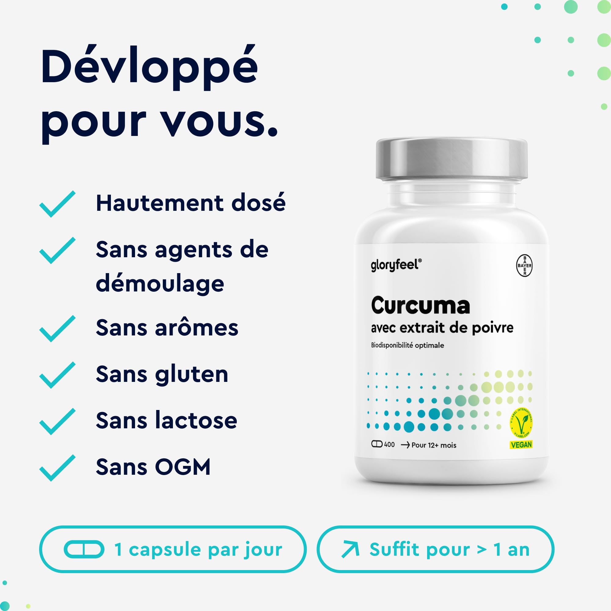 Curcuma avec Extrait de Poivre (400 Capsules), Approvisionnement de 13 Mois, Curcumine Pur avec Piperine d'Origine Indienne, 700mg par Dose Quotidienne Fortement, 100% Végétalien, Sans Additifs