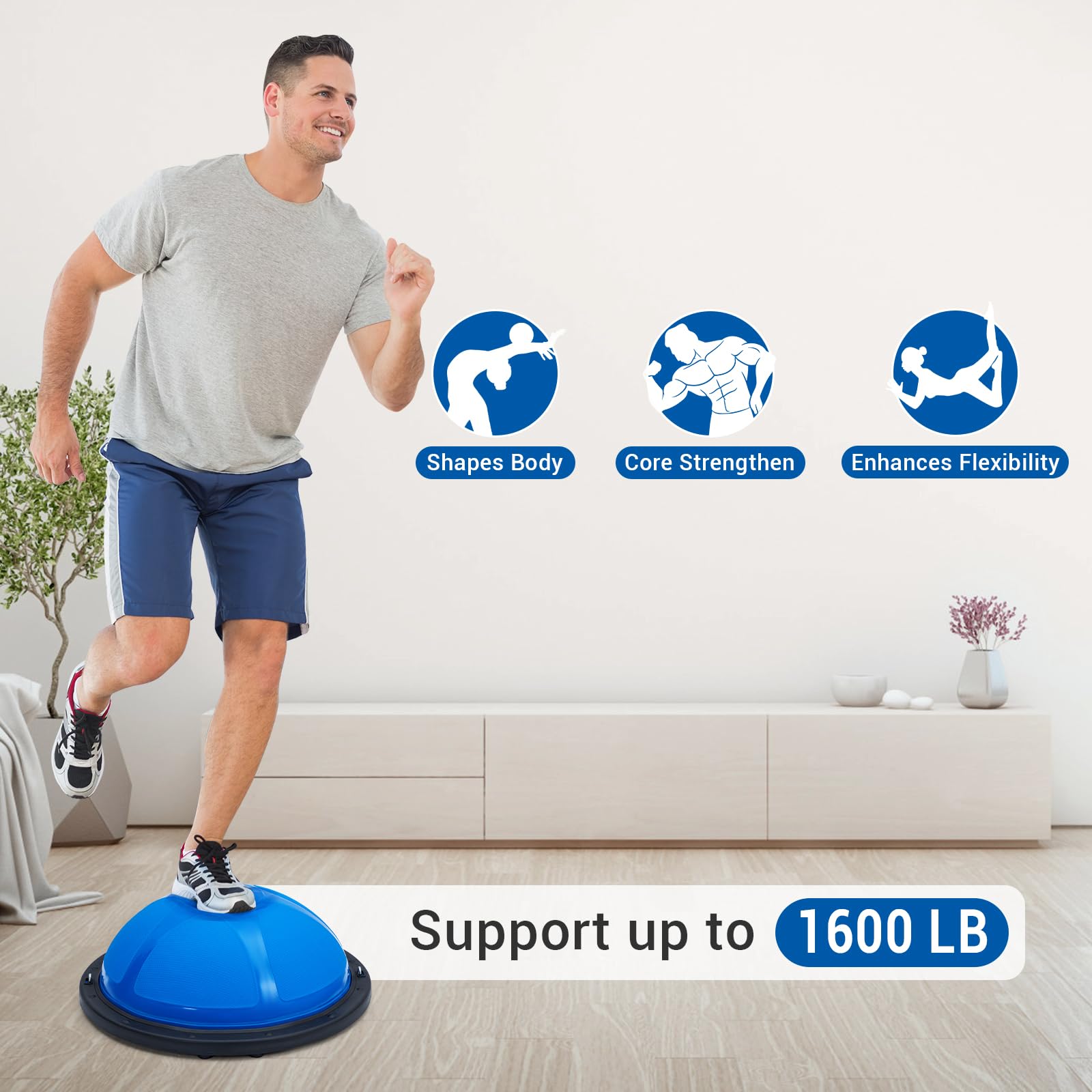 GAOMON Balance Ball, 725.7 kg aufblasbarer halber Gymnastikball, Balance-Trainer mit rutschfester Basis, halber Yoga-Ball, Krafttrainingsgerät mit Widerstandsbändern und Fußpumpe, Blau