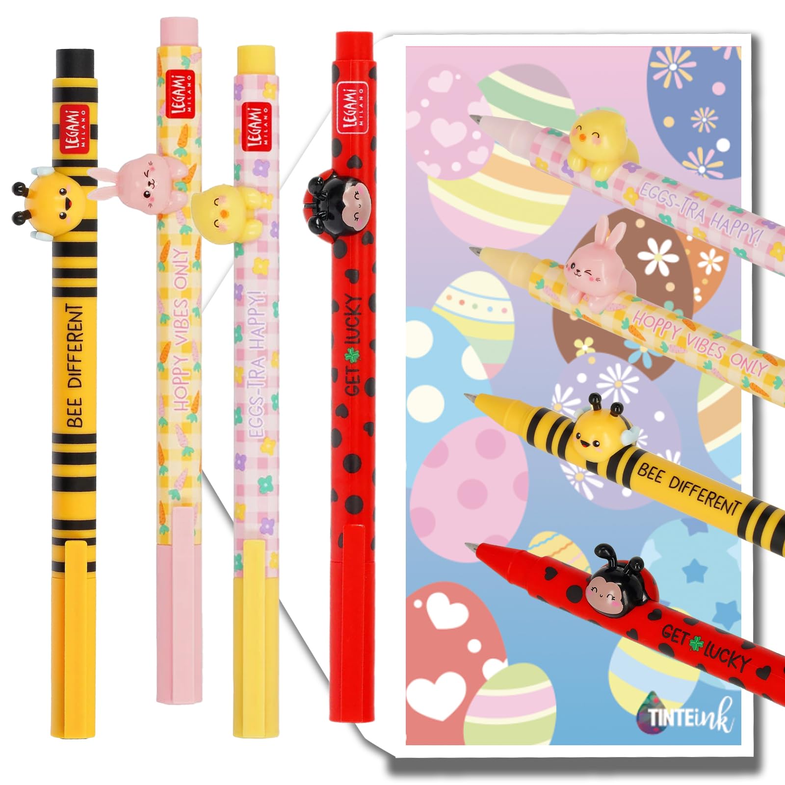 Tinte Ink Legami Lovely Friends Pens Choose Set Including Gift Envelope! - Choose Cute Design! (Bee, Ladybird, Bunny & Chick)