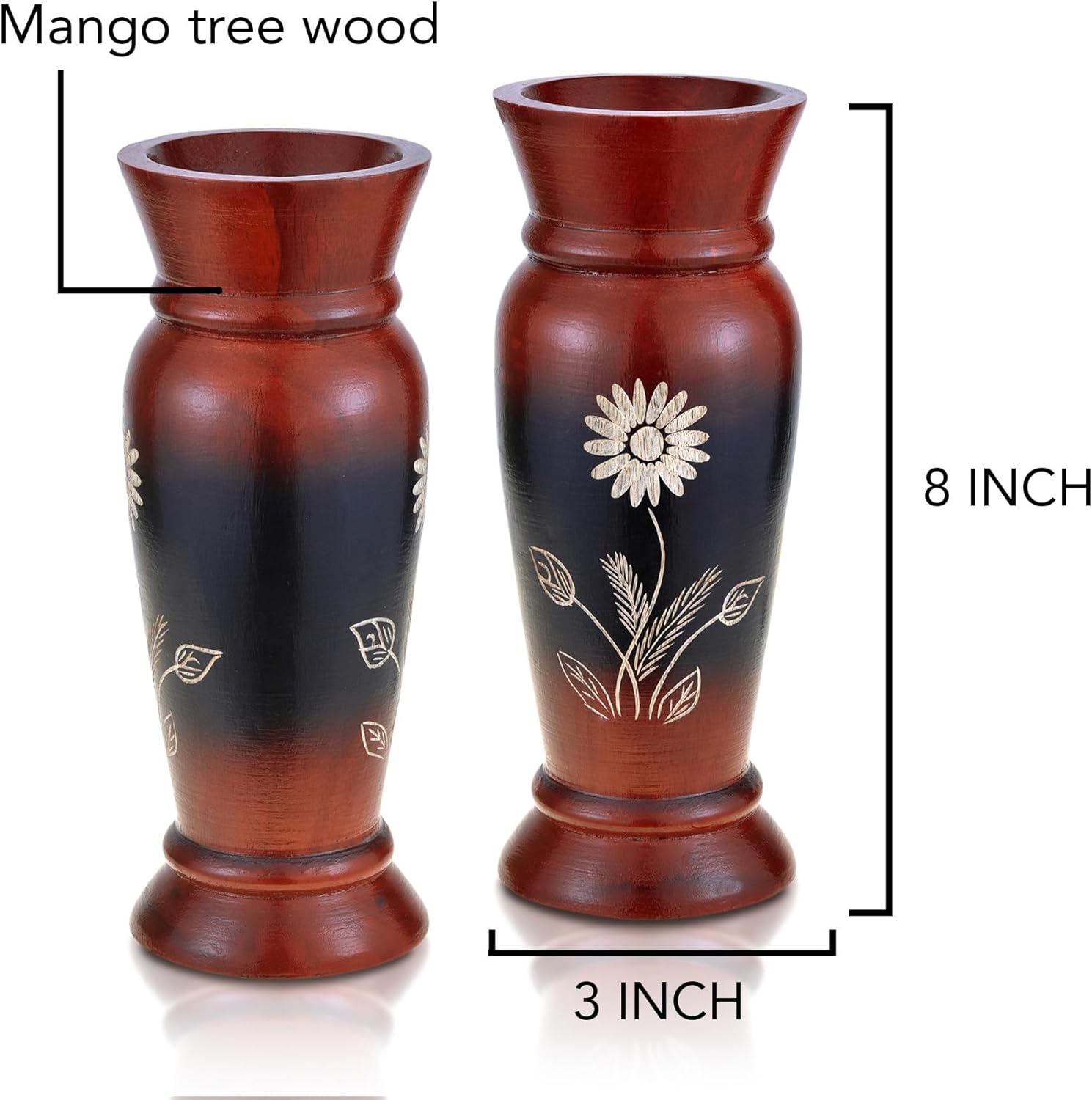 AeraVida Vintage Red Flower 8-Inch Mango Wood Vase Set (2 PCS) | Rustic Handcrafted Wooden Vases for Tabletop & Home Decor