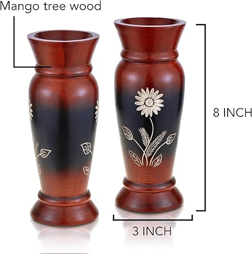 Miniatura 5 de AeraVida Juego de jarrones de madera de mango de 8 pulgadas con flores rojas vintage (2 piezas) Jarrones de madera rústicos hechos a mano para mesa