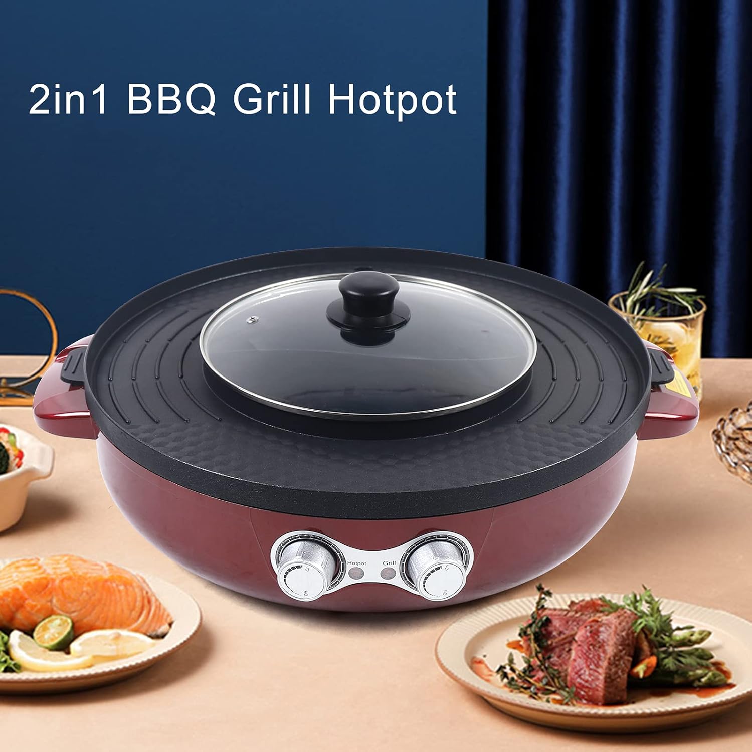 2 in 1 Electric Smokeless Grill, Hot Pot BBQ Grill Soup Shabu Pot, Household Electric Barbecue Plate Frying Cook Grill, 2200W 110V Red