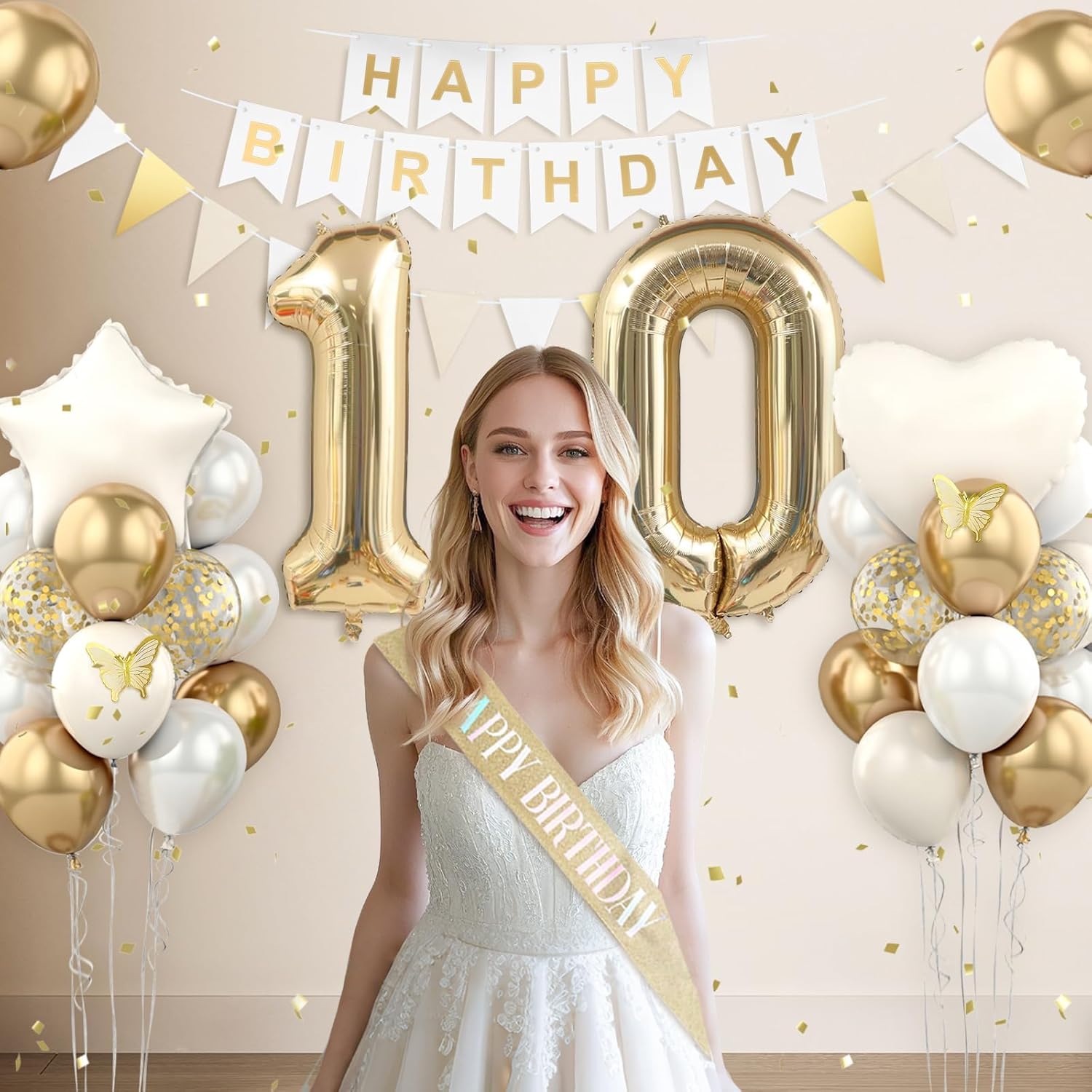 バスケットボール　応援テーマ 男の子 誕生日 バルーン 飾り付け セット 10歳の誕生日デコレーション、ホワイトゴールドの誕生日パーティーデコレーション、女の子、男の子用、ボーホーベージュクリームバルーンパ