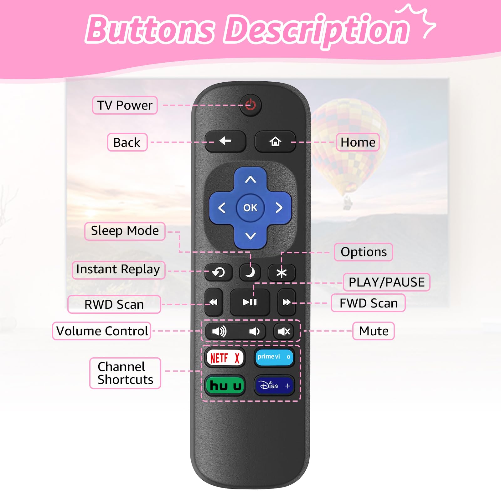Mando a distancia de repuesto para TV Roku con funda de silicona suave rosa, mando a distancia universal para televisores inteligentes TCL Roku/Hisense Roku/Onn Roku/Westinghouse Roku/Philips Roku (no
