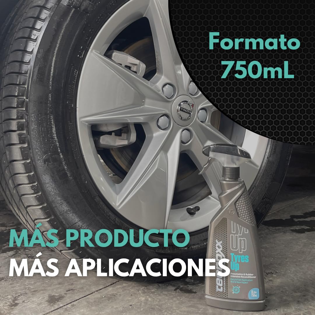 Tecnoxx Tyres Up - Abrillantador e Hidratador de Neumáticos y Gomas - Protección UV, Brillo Intenso y Resultado Instantáneo - Esponja Aplicadora Incluida - Envase Grande 750 ml con pulverizador