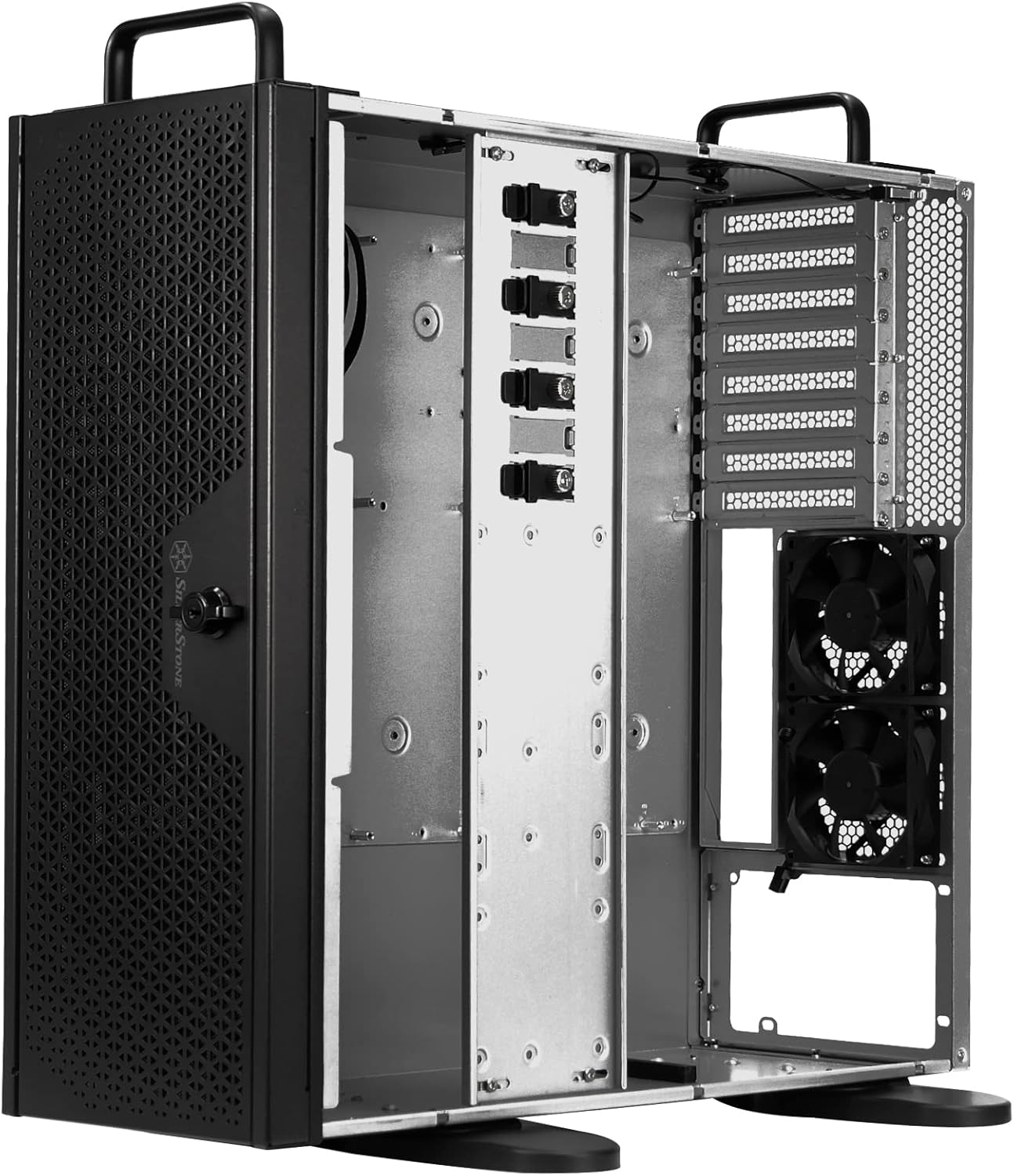Side view of the SilverStone RM44 chassis in a vertical orientation