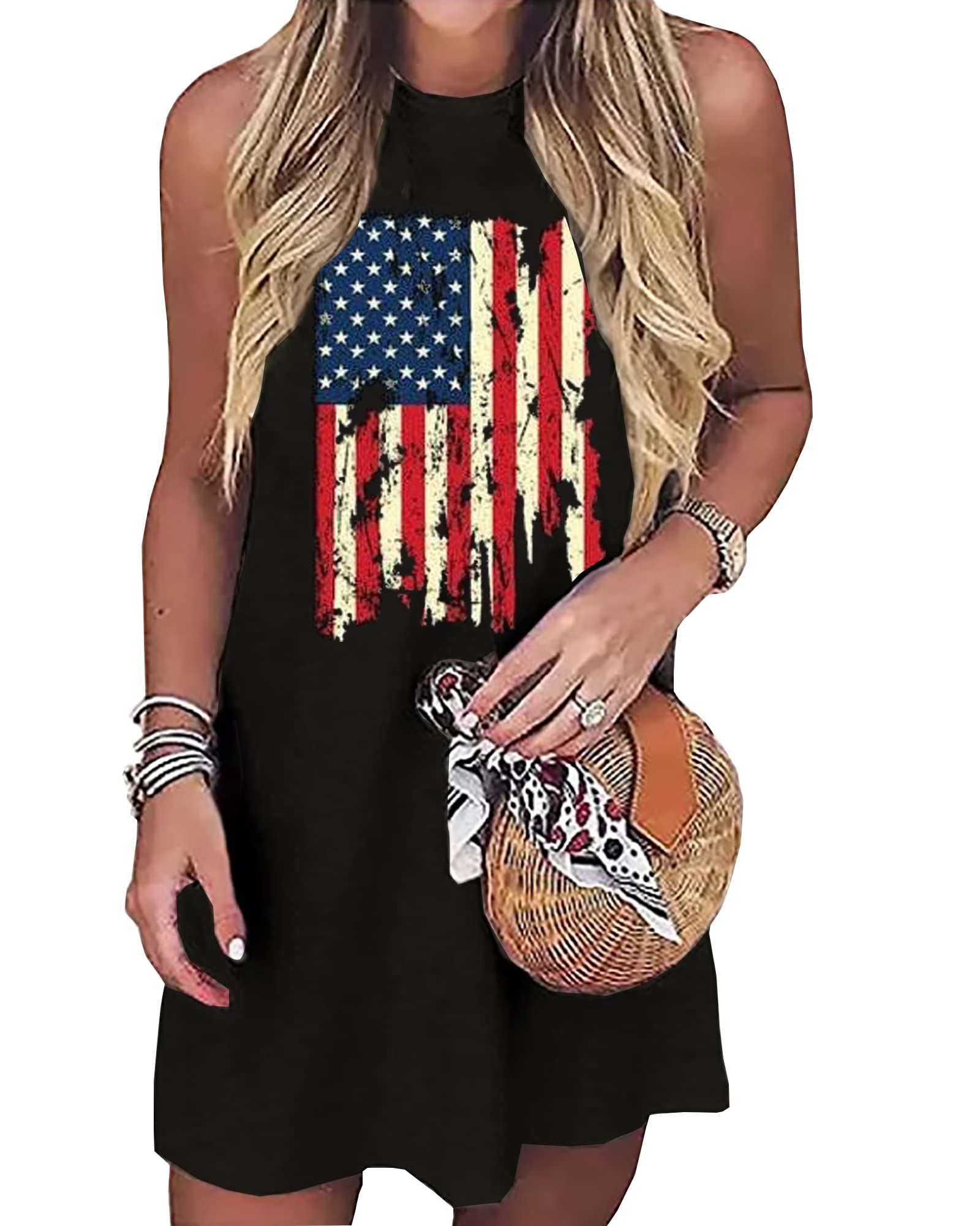American Flag Tank Dress for Women 4th of July Patriotic Graphic Sleeveless Mini Dress Casual Vacation Short Dresses