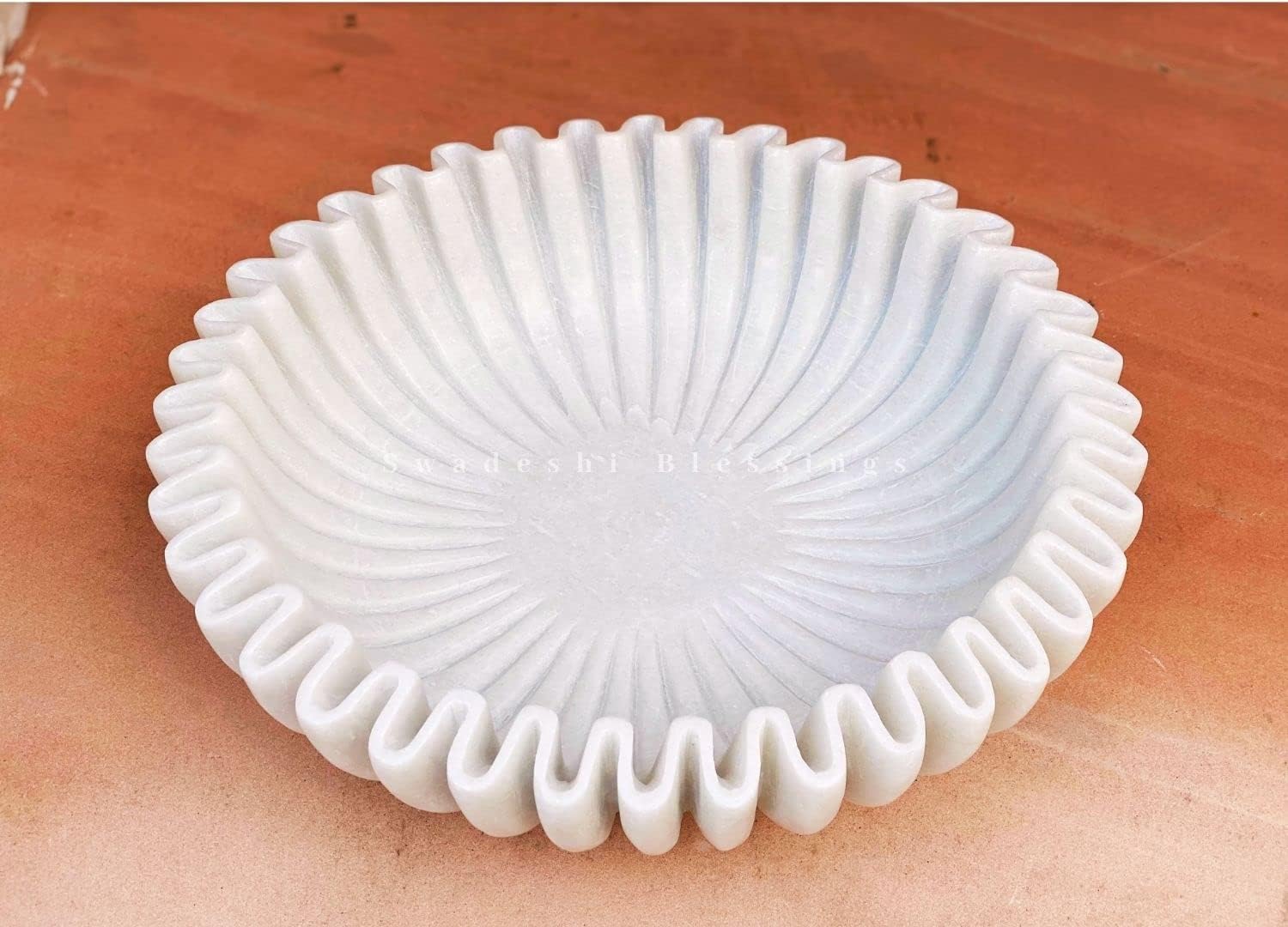SWADESHI BLESSINGS Handcrafted Marble Ruffle Bowl - Antique Scallop, Fruit, Vintage Ring Dish, Decorative Flower - Housewarming/Wedding Gift Urli (10 Inches)