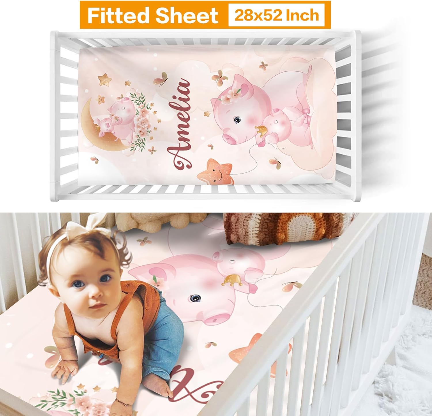 Custom Baby Crib Bedding Set - Moon Animal Personalized Name Nursery Bed 3 Pcs Set - Chic Soft Blanket, Sheet, Crawling Rug for Newborns Boys Girls Gifts Color13-Pig