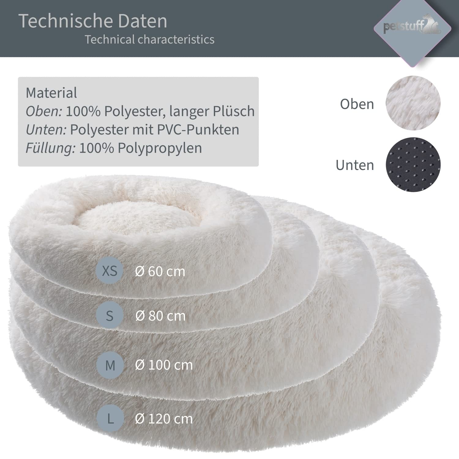 Hundebett Rund rutschfest waschbar Farb- und Größenwahl, beige, Ø 120 cm