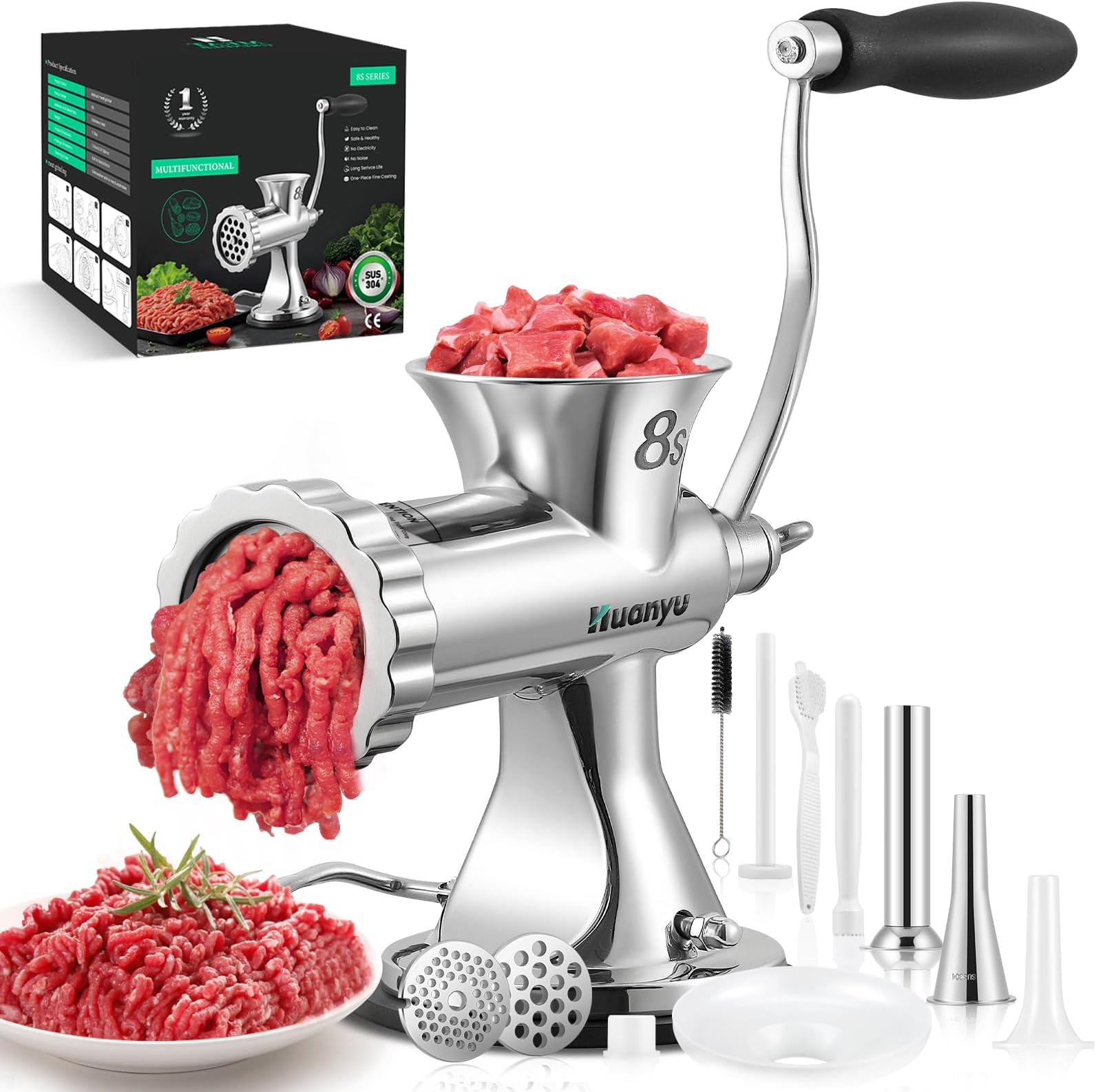 Huanyu Manual Meat Grinder with 2 Stainless Steel Sausage Stuffer Filler Hand Crank Mincer Meats Processor Grinding Machine Ground Chopper Home Use for Beef Chicken Rack chili etc. Dishwasher Safe