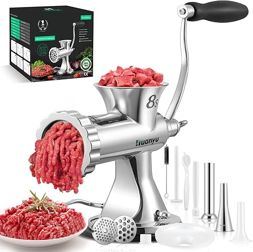 Huanyu Picadora manual de carne con 2 rellenos de salchichas de acero inoxidable, picadora de manivela, procesador de carnes, máquina de molienda,