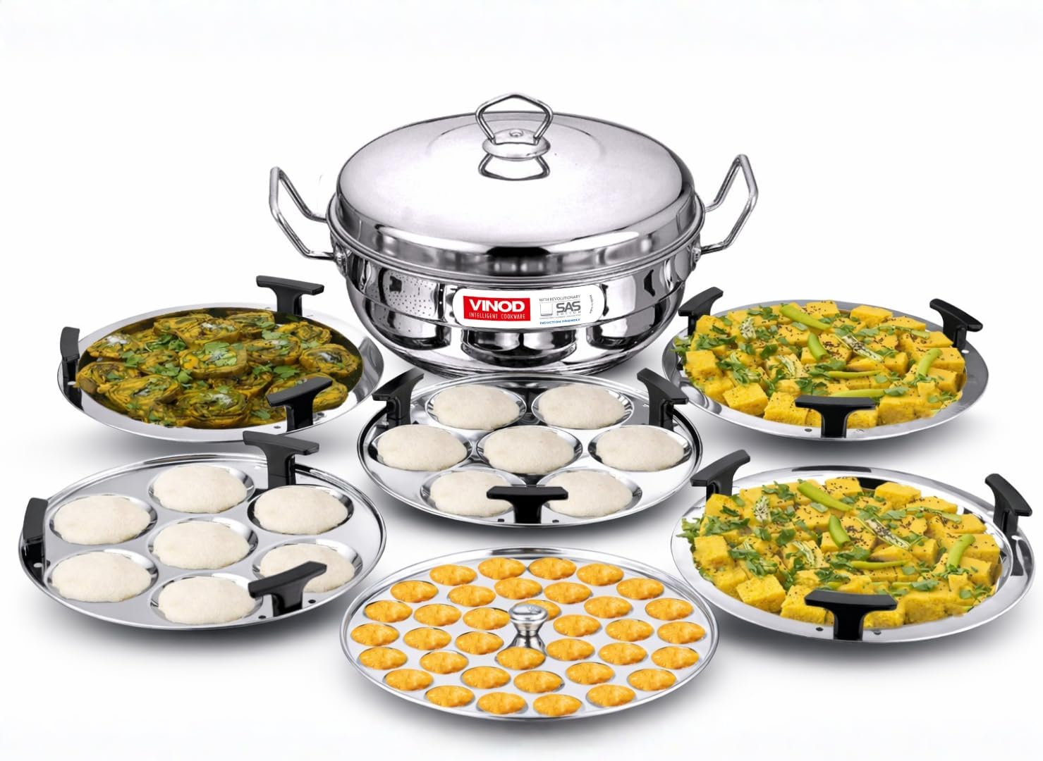 Vinod Deluxe Stainless Steel Multi Kadai 26cm with 6 Plates โ Idli, Dhokla, Patra, Mini Idli Maker | Induction Compatible Steamer with Lid โ Silver