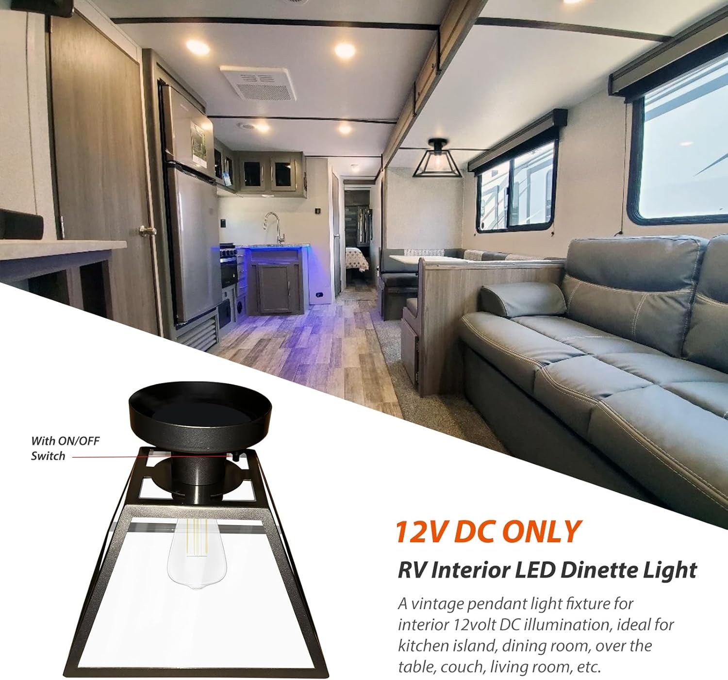 Dream lighting RV Light Interior Fixture 12v LED Dinette Ceiling Light with Vintage Replace Edison Bulb, with Switch for Camper Trailer Boat – Black Nickel Finished, 3500K