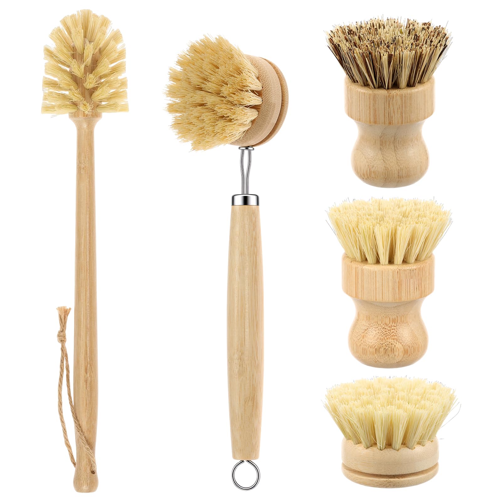 Bamboo Dish Brush Set of 5, Natural Sisal Kitchen Scrubber Reusable Wooden Washing up Brush with Replacement Head No Plastic for Plate Glass Bottle Frying Pan