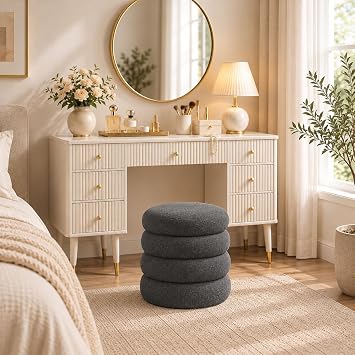 19.7 Inch Round Storage Ottoman, Polyester Tiered Ribbed Upholstered Stool with Hidden Storage Space, Multifunctional Ottoman for Bedroom, Living Room, Entryway