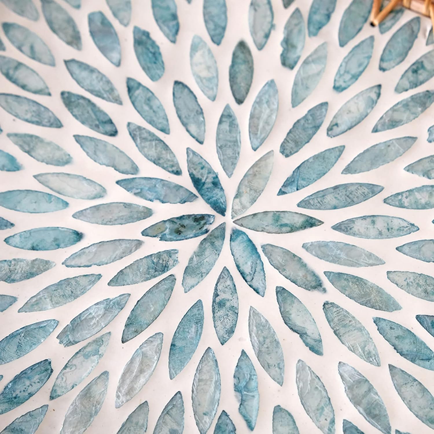 i-lan 14" Rectangular Rattan Serving Tray – Light Blue MOP Inlaid Wooden Base, Boho Coffee Table Tray with 2" Rim & Handles, Handmade Display for Dining Room, Housewarming Gift - Image 5