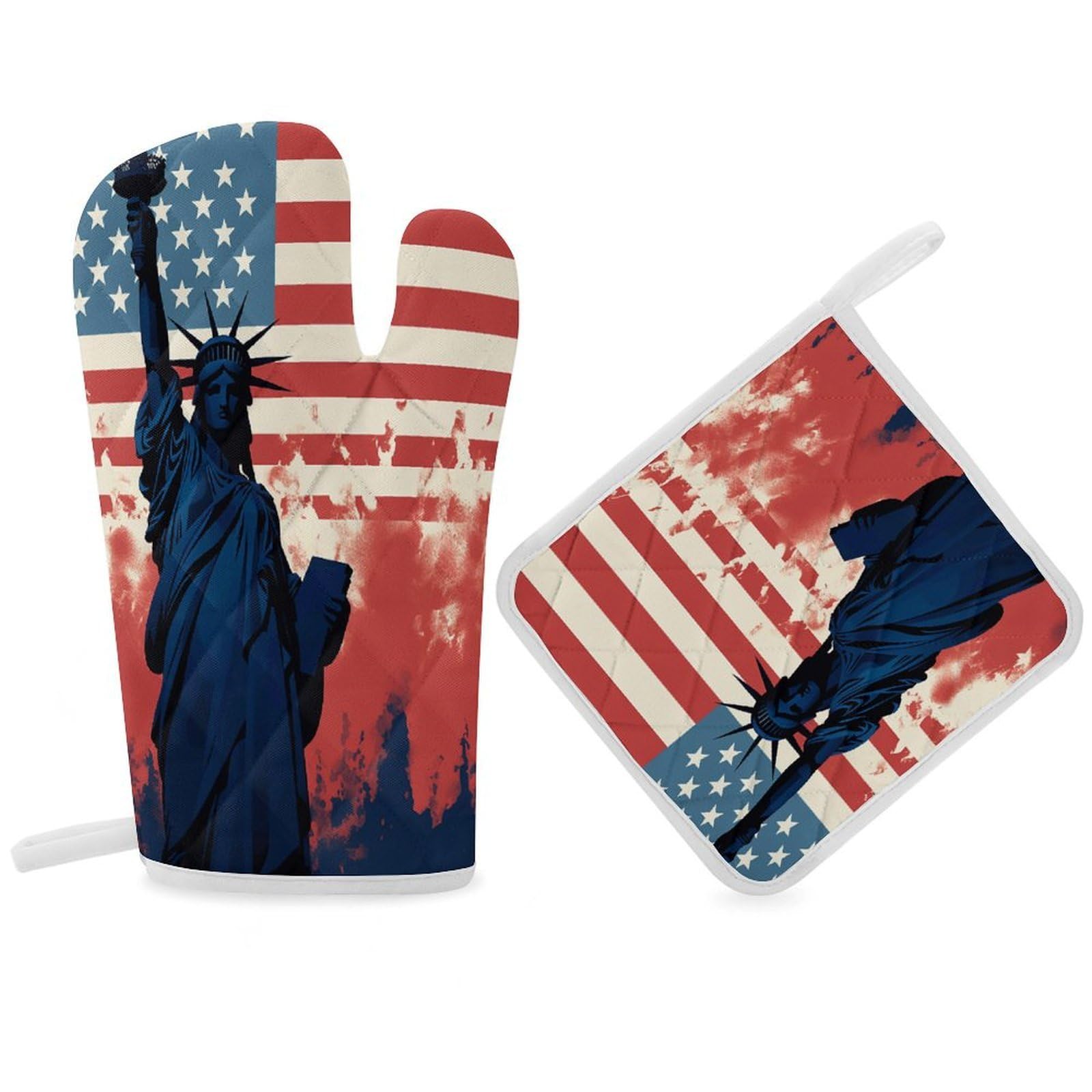 Fodpand Women's Style Flag With Silhouette Of Lady Liberty Oven Mitts And Pot Holders Sets,Oven Gloves For Kitchen Oven Mitts And Potholders For Baking Cooking Grilling Apartment Essentials