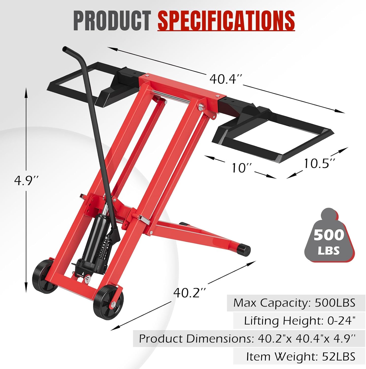 EROMMY 500LB Hydraulic Mower Lift for 40-47.6" Axle, 24" Lawn Tractor Jack with 3-Height Adjustment, Zero Turn Mower Lift for Maintenance & Repair, Red