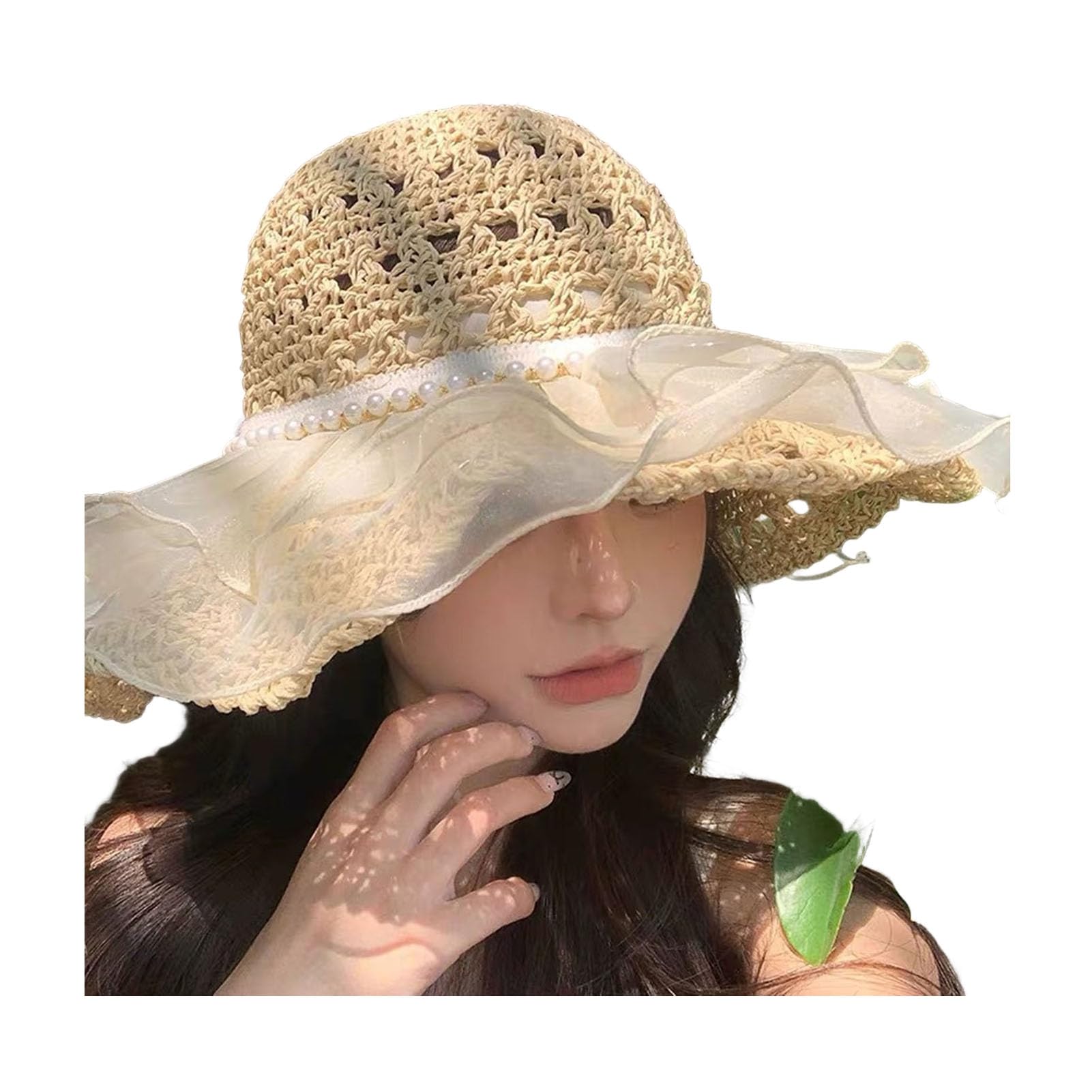 matumou Summer Fisherman Hat, Hollow Weaving Large Brim Beach Hat, Foldable Portable Color Basin Hat