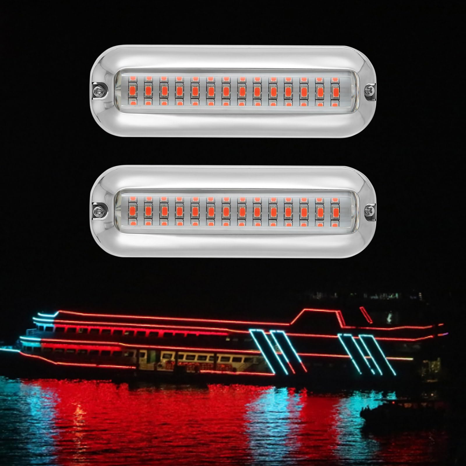 QuaLivgEssZome 2pcs Waterproof Marine Boat Lights, Marine LED Underwater Lights, Stainless steel waterproof underwater lighting, 42 * 1500LM LED light source and 120° wide-angle angle, Red