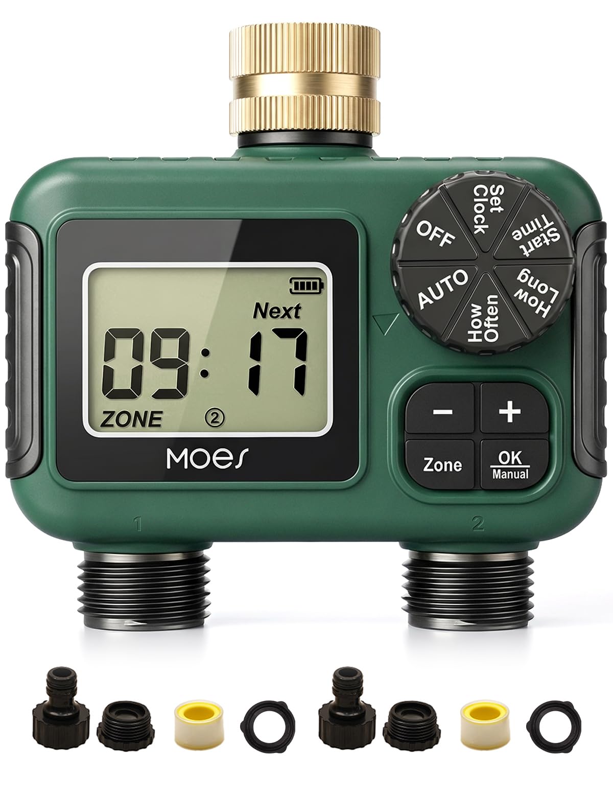 MOES Temporizador de riego con Entrada de latón, regulador de riego automático programable con Bloqueo de Lluvia y riego Manual, Temporizador de Manguera de 2 Zonas para jardín y césped
