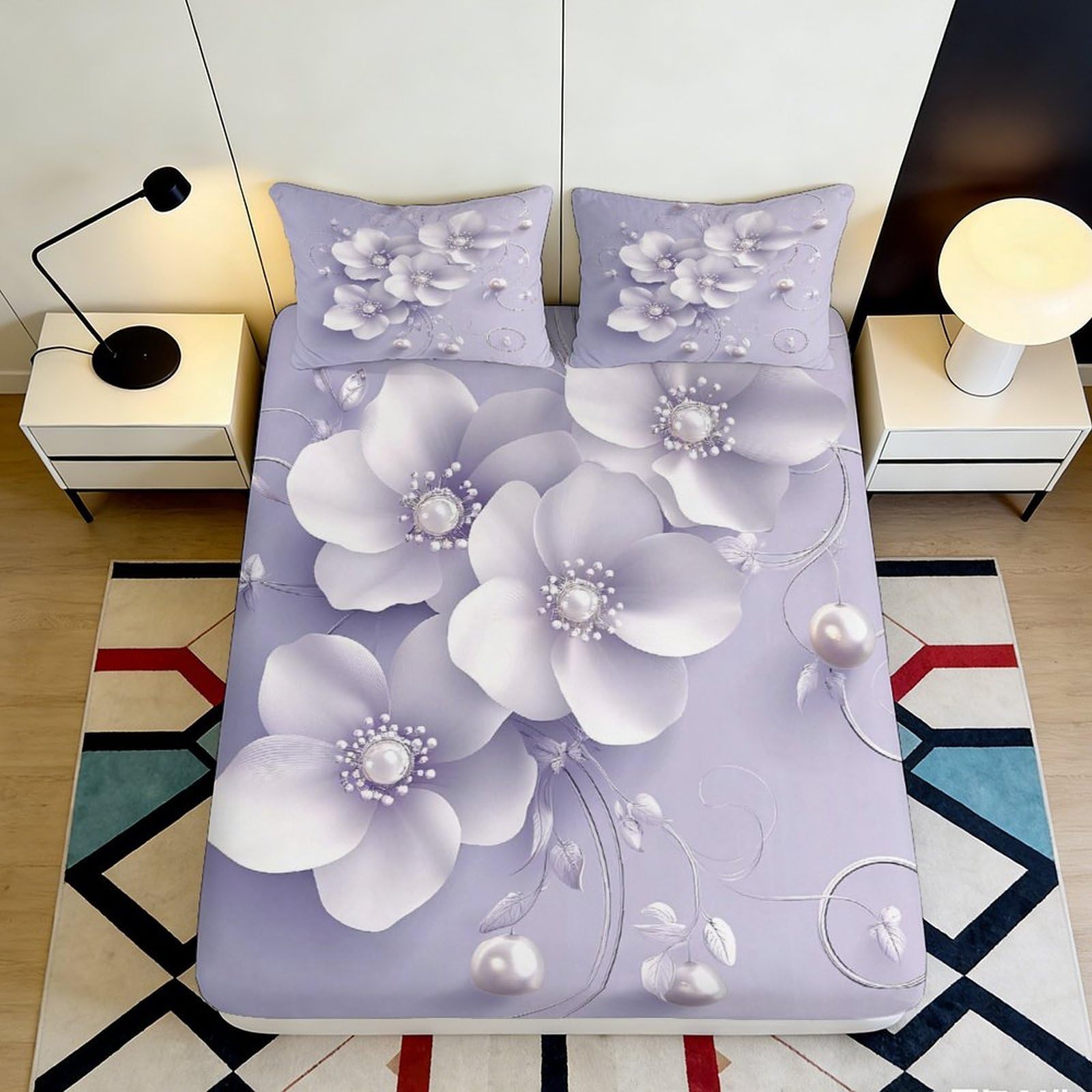 3D Printed Lavender Blossom Fitted Sheet Microfiber Soft Floral Bed Cover for Bedroom Guest Room Protection Decor 90x200x25cm
