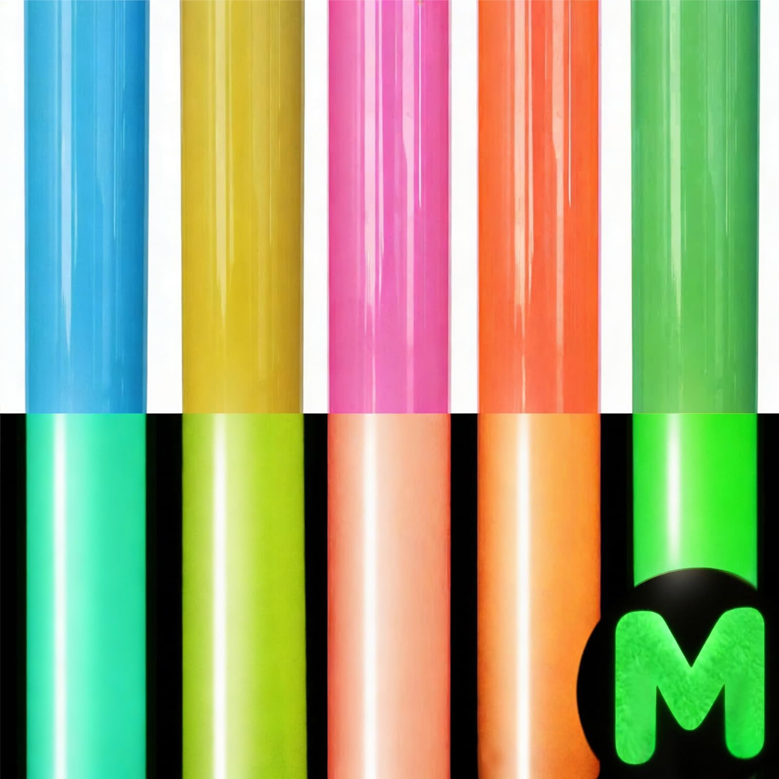 Puff HTV Vinyl Bundle - Glow in The Dark Iron On, Luminous Fluorescent 5 Colors, 3D Heat Transfer Vinyl for Heat Press T Shirt, Size 12 inch X10 inch