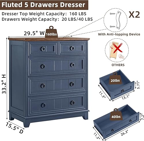 Miniatura 2 de Cómoda rústica de 5 cajones para dormitorio, cómoda pequeña de 33.2 pulgadas de alto y cómoda, cómoda de madera rústica con mango de metal, Conjunto
