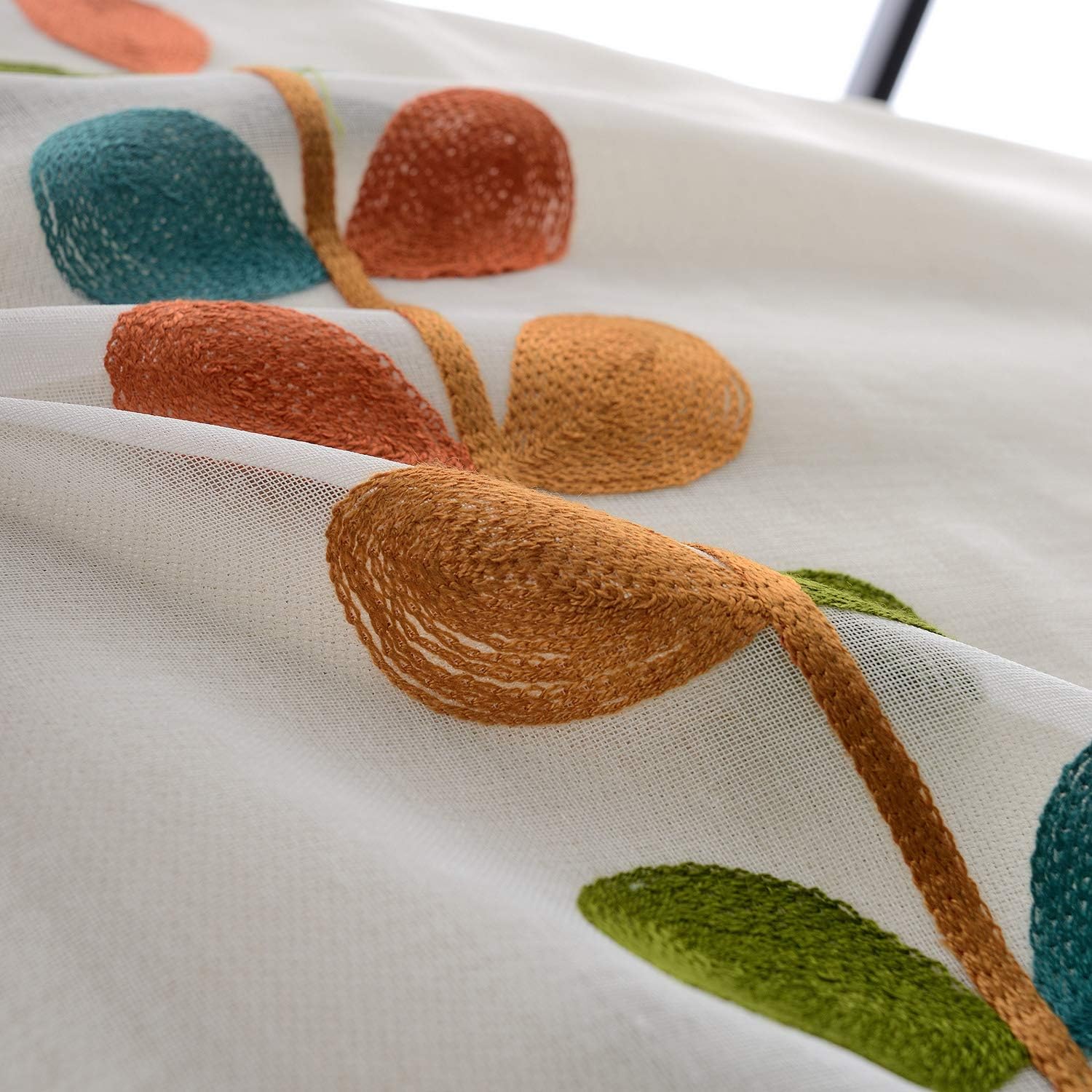 VOGOL Sheer Curtains 84 Inches Long, Colorful Leaves Embroidered White Sheer Window Curtain for Living Room/Dining Room, Rod Pocket, 52 x 84, 2 Panels