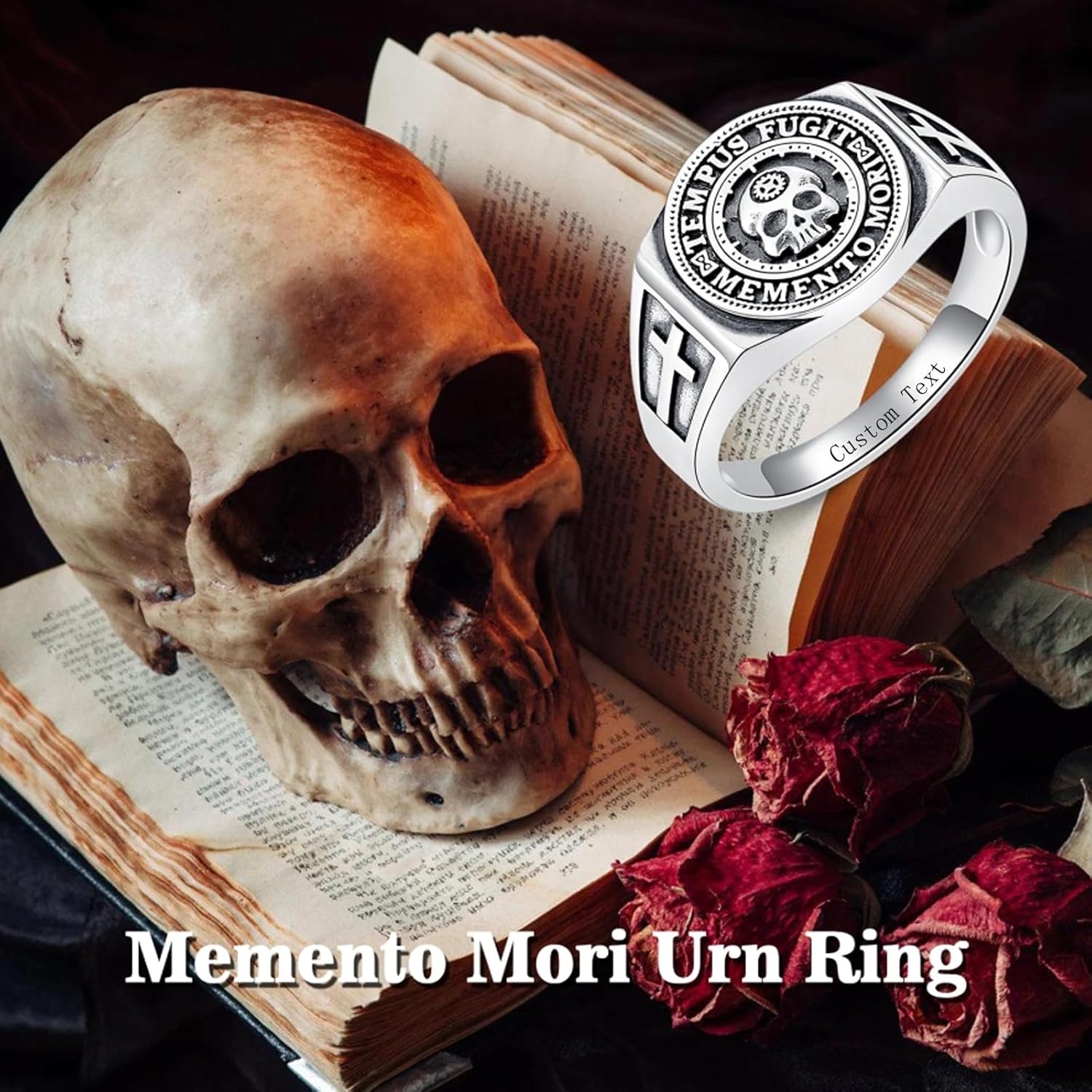 PROESS Memento Mori Urn Ring for Ashes 925 Sterling Silver Skull Cremation Ring Memento Mori Jewelry Gifts for Women Men for Christmas Father's Day Personalized Size 8-11