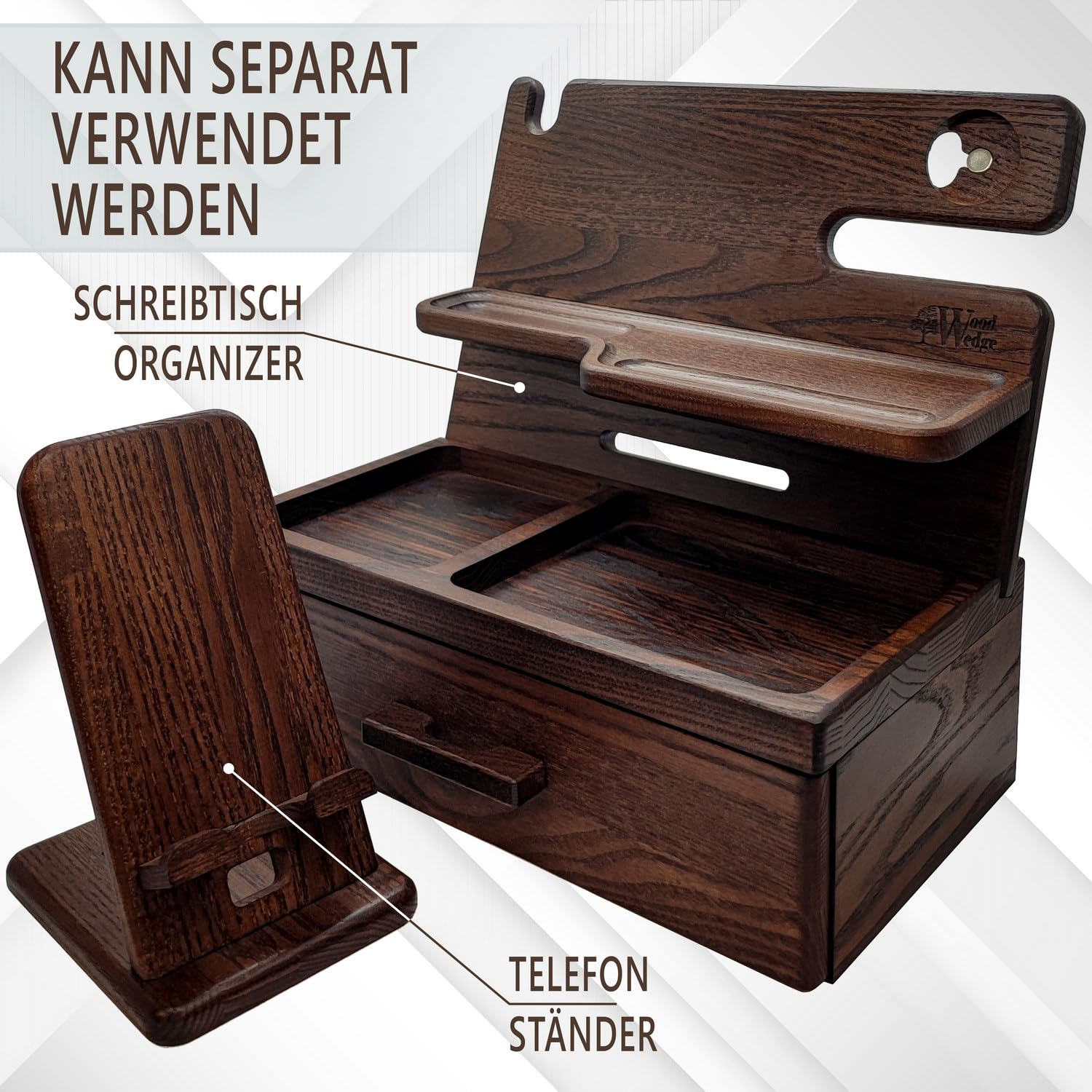 Wood Wedge Handgefertigte Holz Dockingstation – Nachttisch & Schreibtisch Organizer mit Handyhalter & Schublade – Geschenk für Männer & Frauen