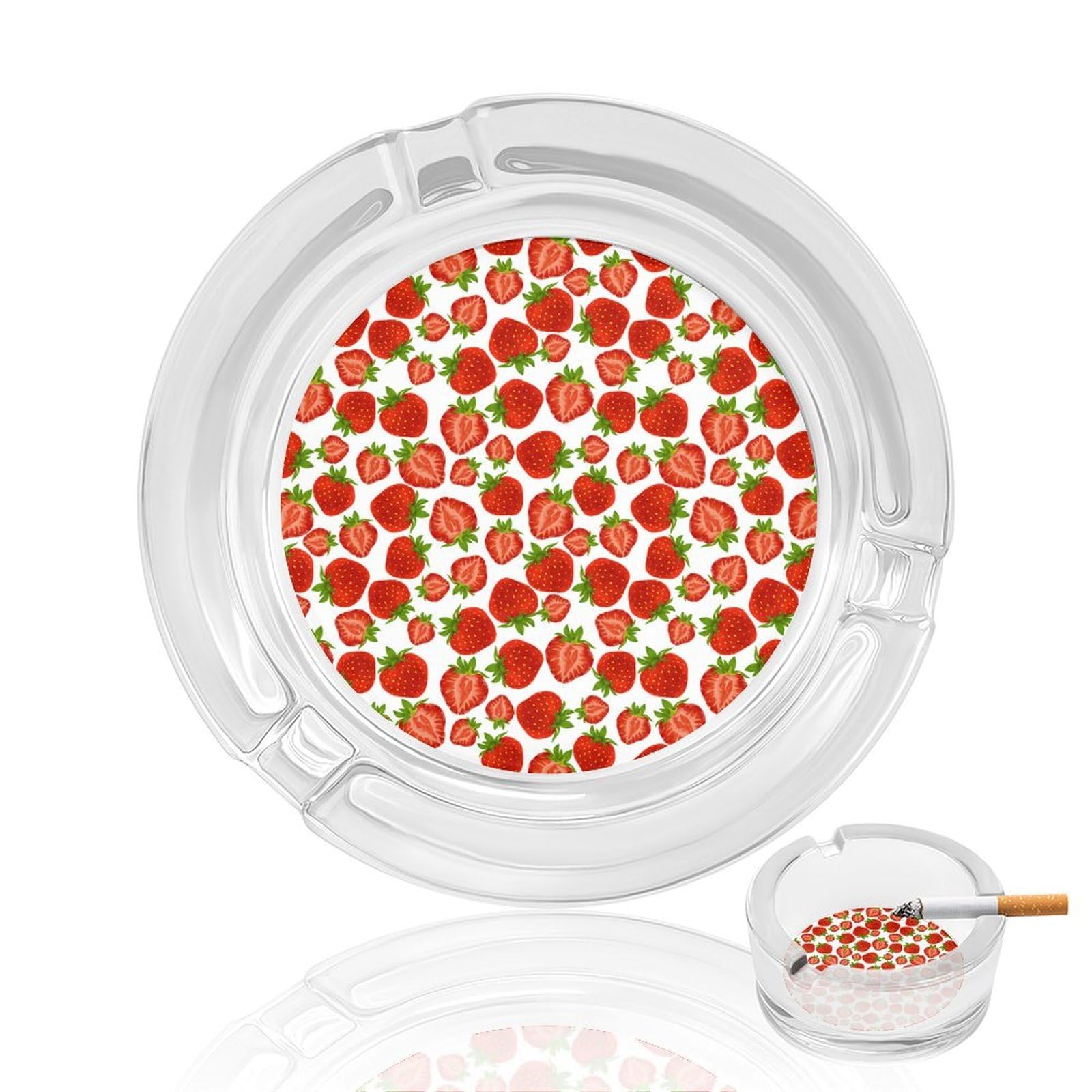 Strawberry Red Berry Glass Ashtray 3.3 Inch Round Cigarette Ash Holder with 4 Grooves for Home Office Outdoor One Size
