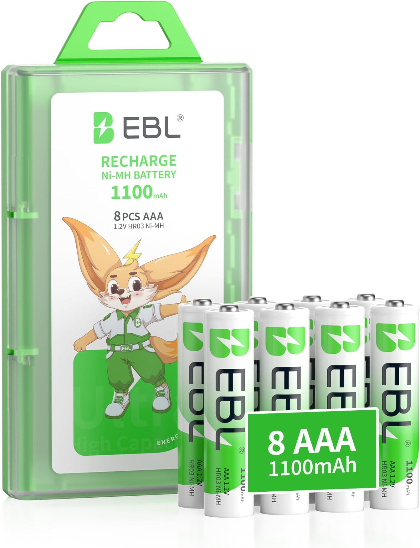 EBL 1100mAh AAA Rechargeable Batteries (8 Pack), High Capacity 1.2V NIMH Rechargeable Battery AAA with Long Lasting Power, Low Self-Discharge & Pre-Charged