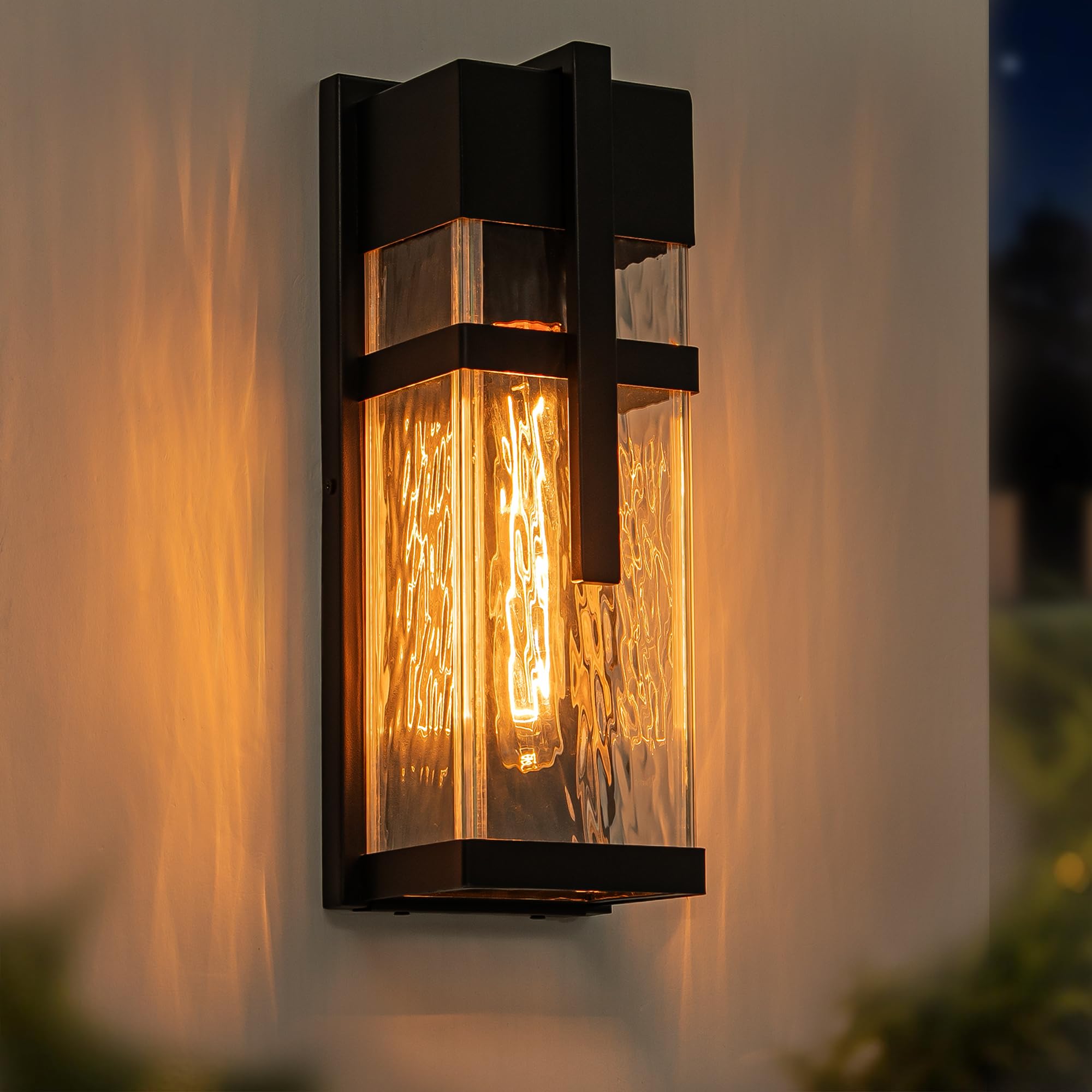 FTL Aussenlampe Wand mit Wassergeriffeltes Glas, Rechteck Außenwandlampe, Mattschwarz Aussenleuchten Hauswand, E27 Außenlampe Wand Laterne, IP44 Wasserdicht Aussen Wandleuchte für Veranda, Garten