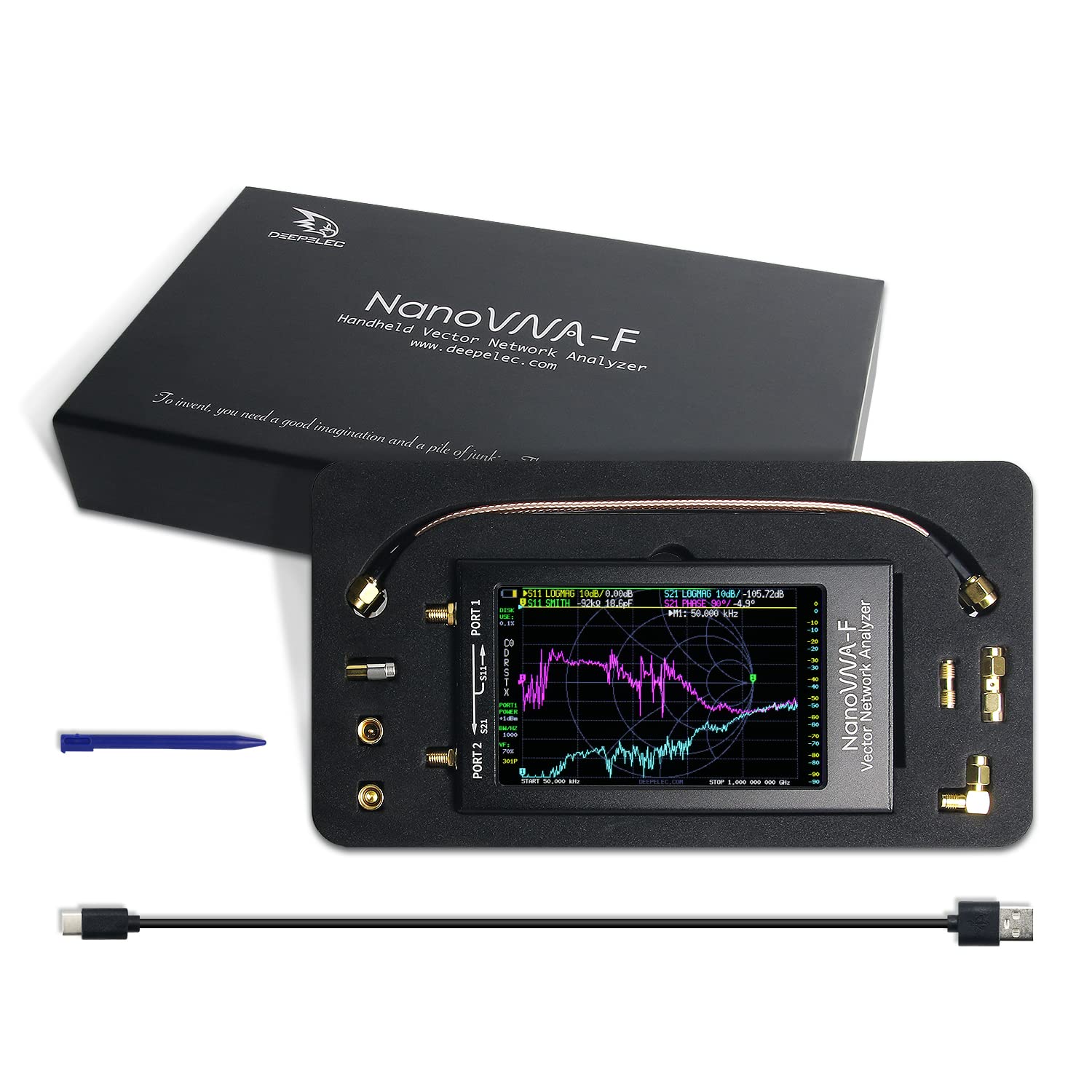 Contents of the NanoVNA-F V3.1 package including the analyzer, cables, adapters, and stylus.