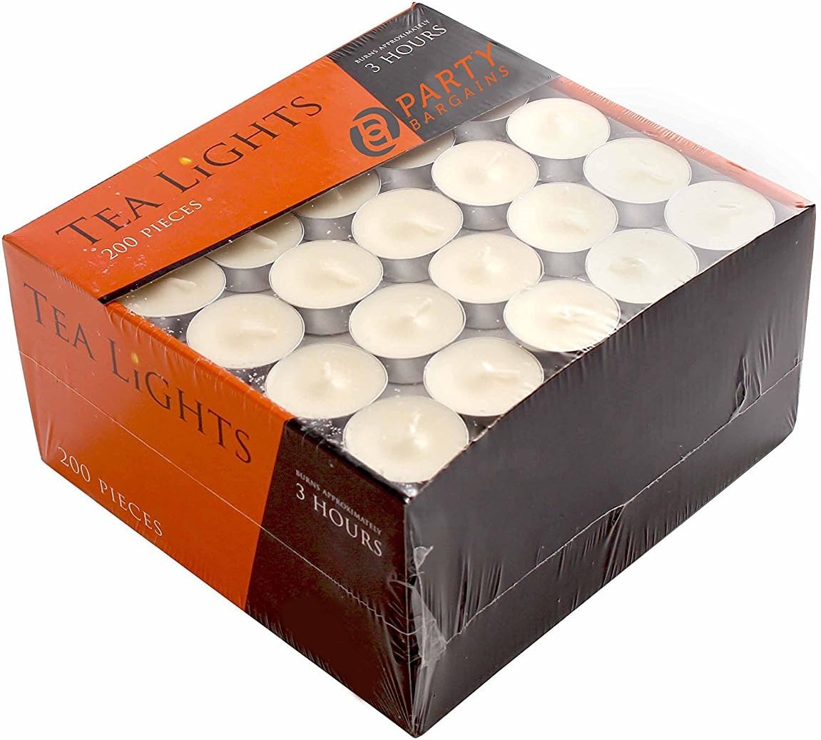 PARTY BARGAINS Tea Lights Candles in Bulk - (200 Pack) Unscented White Candle Burns 3.5 Hours, TeaLight Candles for Wedding, Birthdays and All Other Decorative Events