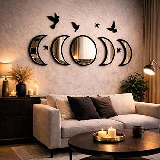 NESHE Moon Phase Mirror Set with Birds | Scandinavian Natural Home Boho Wall Decor | Aesthetic Witchy Bohemian Indoor Gothic Art Decorations for Living Room (Black)