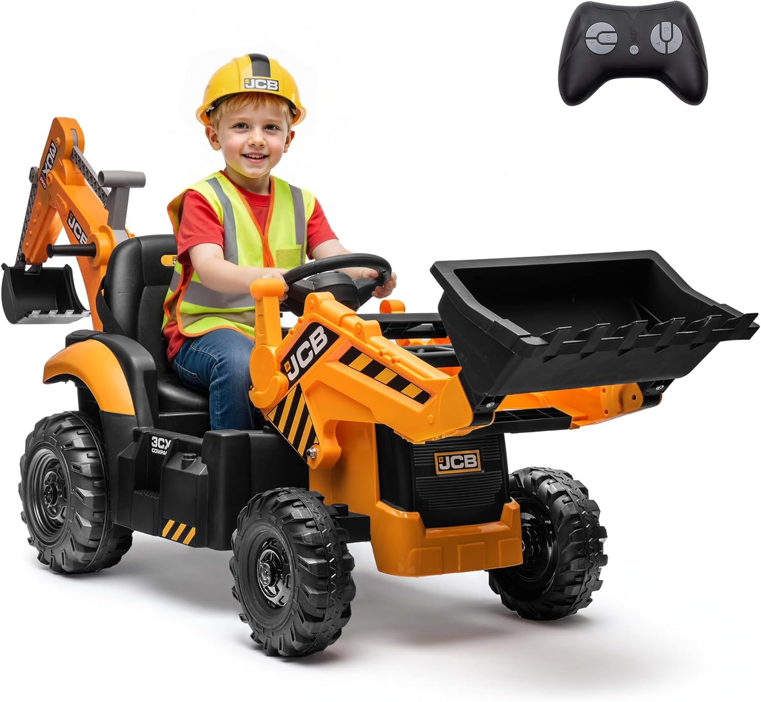 JCB Ride on Excavator, Kids Ride on Car with Remote Control, Electric Vehicle with Front & Back Loader for Kids Aged 3-8 Years, Soft Start Function, Three Types of Transformable, White