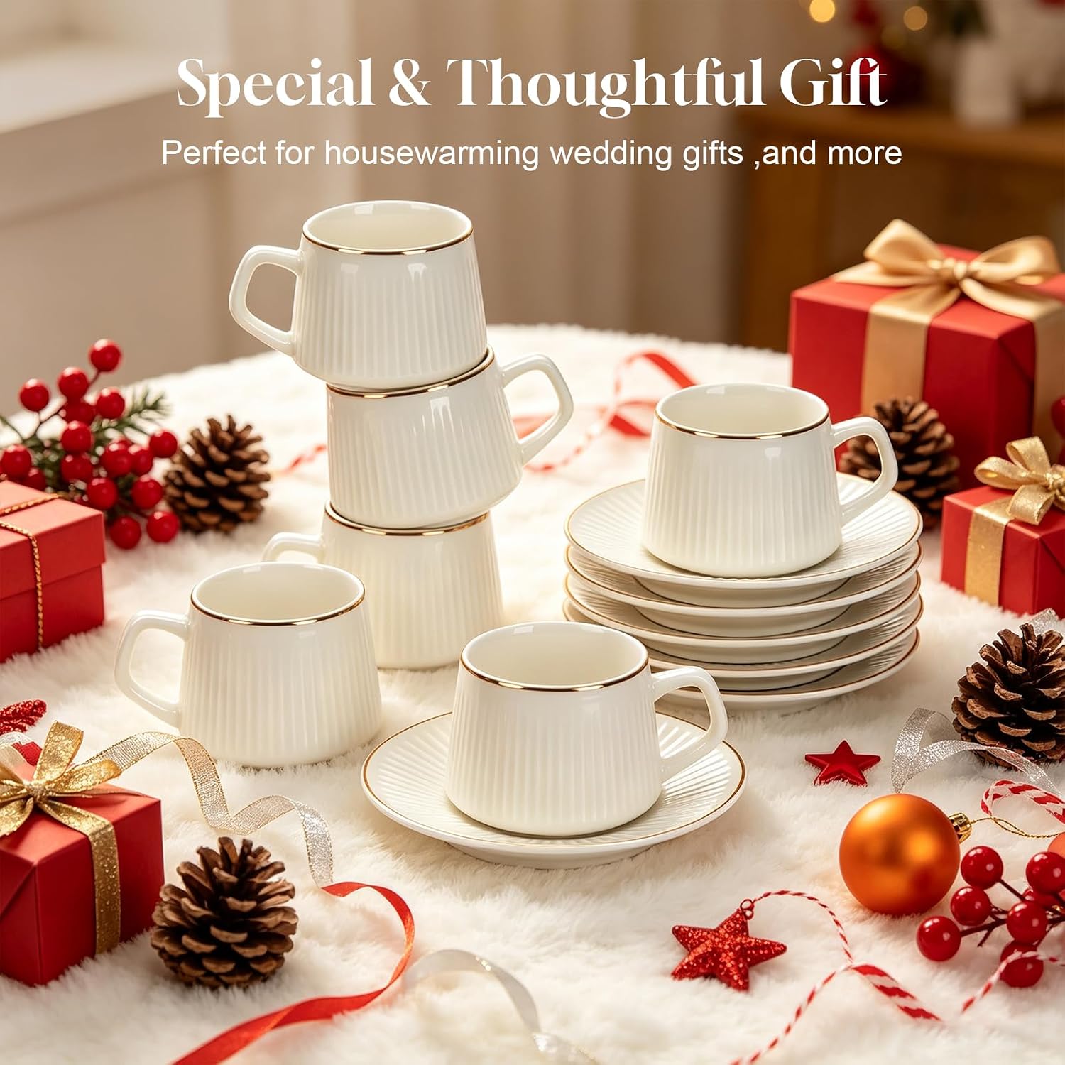 3.4oz Porcelain Espresso Cups & Saucer Set of 6, Turkish Coffee