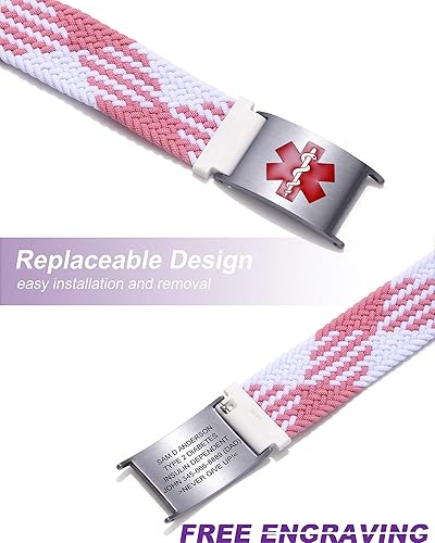 Miniatura 5 de Pulseras de alerta médica para mujeres, hombres, niñas, niños, pulsera de identificación médica personalizada con pulsera elástica trenzada de