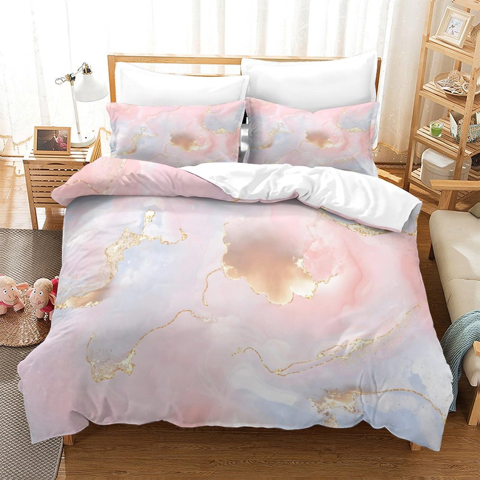 LIAOHENKAN Pink And Gold Marble 3Pcs Comforter Set Full Size Kids Boys Girls Decor Comforter Set Duvet Set Quilt Set Ultra Soft Room Decor Bedclothes with Zipper Closure Super King（260x220cm）