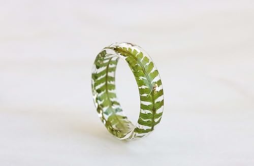 Miniatura 5 de Forest Fern Ring, Real Pressed Green Leaves and Silver/Gold/Copper Flakes, Nature Inspired Jewelry, Faceted Ring, Holiday Gift