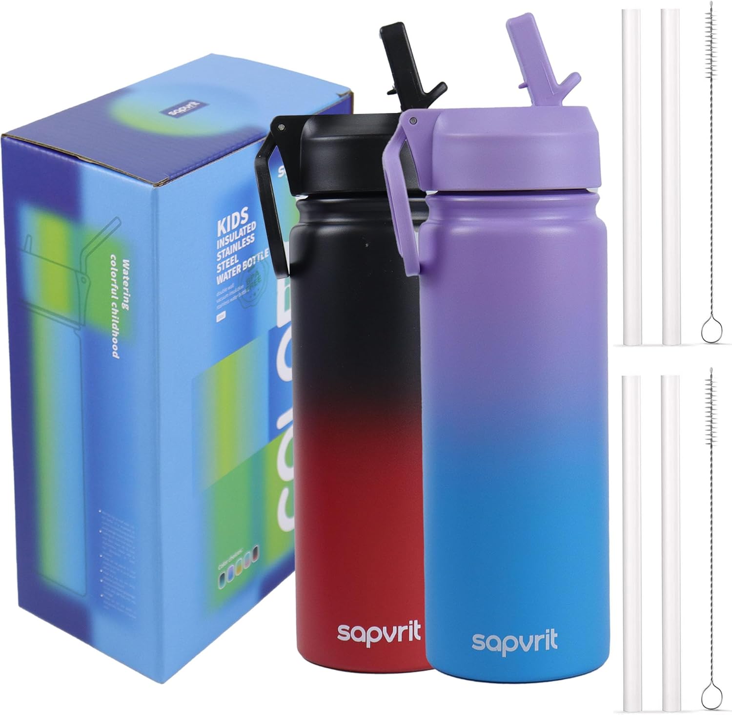 Water Bottle, 16 oz Water Bottles with Straw and Stickers, Stainless Steel Vacuum Double Wall Insulated cup,Water Bottle for School, Gifts for Girls (16OZ BLACK RED+16OZ PURPLR BLUE)