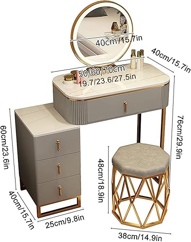 Miniatura 2 de Juego de mesa de tocador pequeña con taburete, escritorio de tocador con espejo LED y cajones, tocador con armario de almacenamiento, mesa de